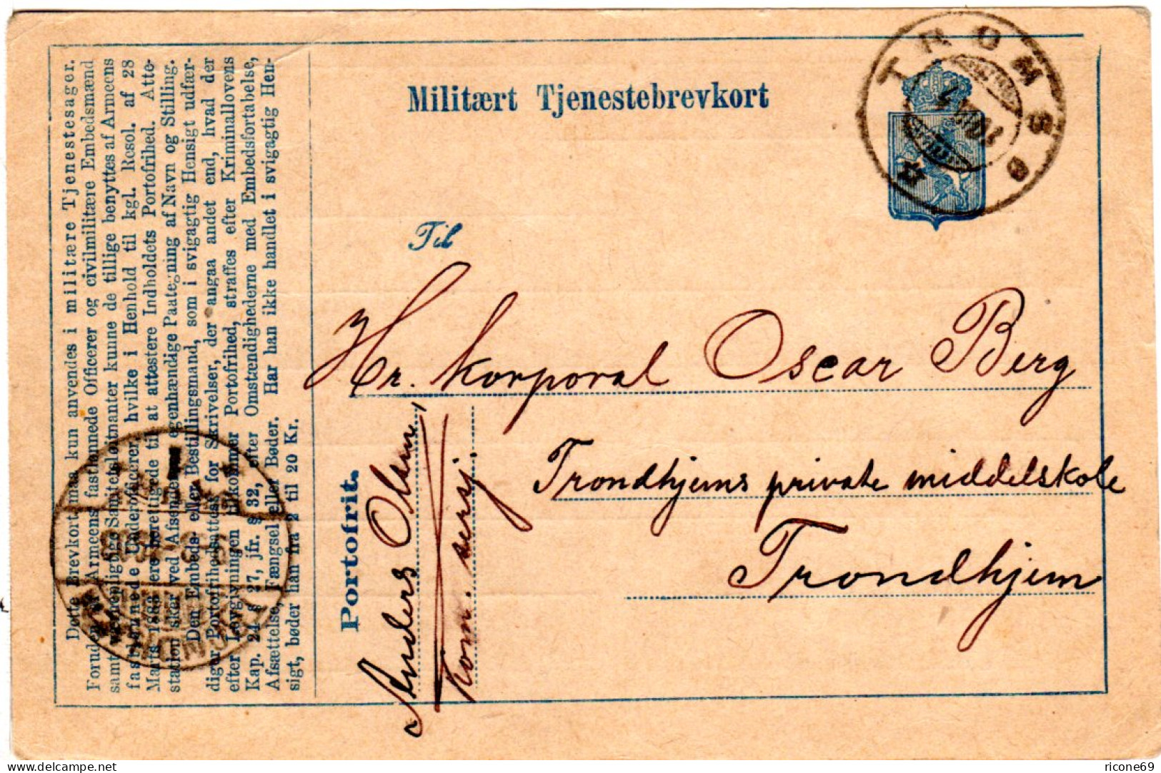 Norwegen 1903, V. Tromsö Gebr. Militär Dienst Ganzsache M. Trondheim TUR-Stpl. - Briefe U. Dokumente
