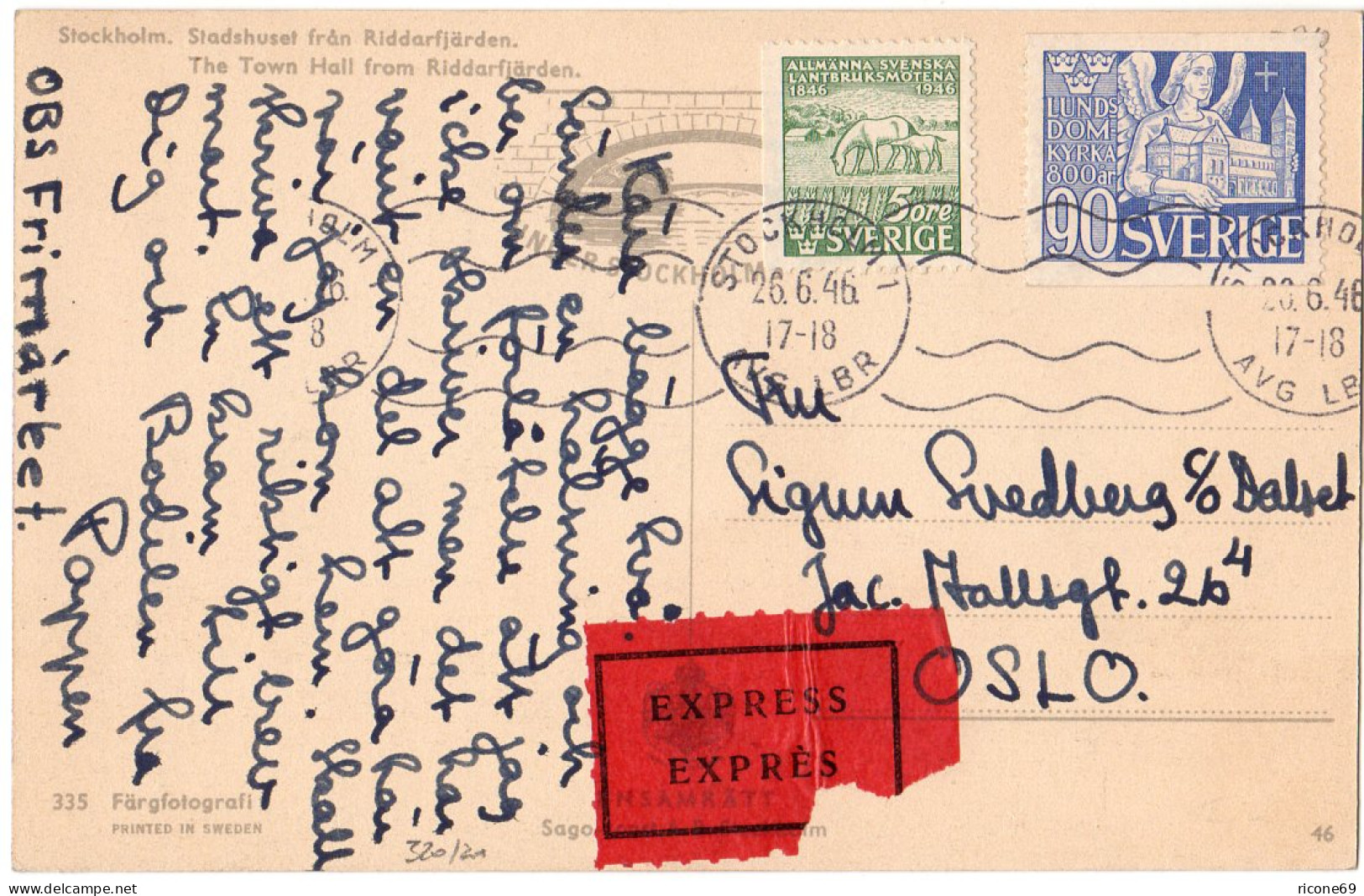 Schweden 1946, 90+5 öre Auf Express Postkarte V. Stockholm N. Norwegen - Cartas & Documentos