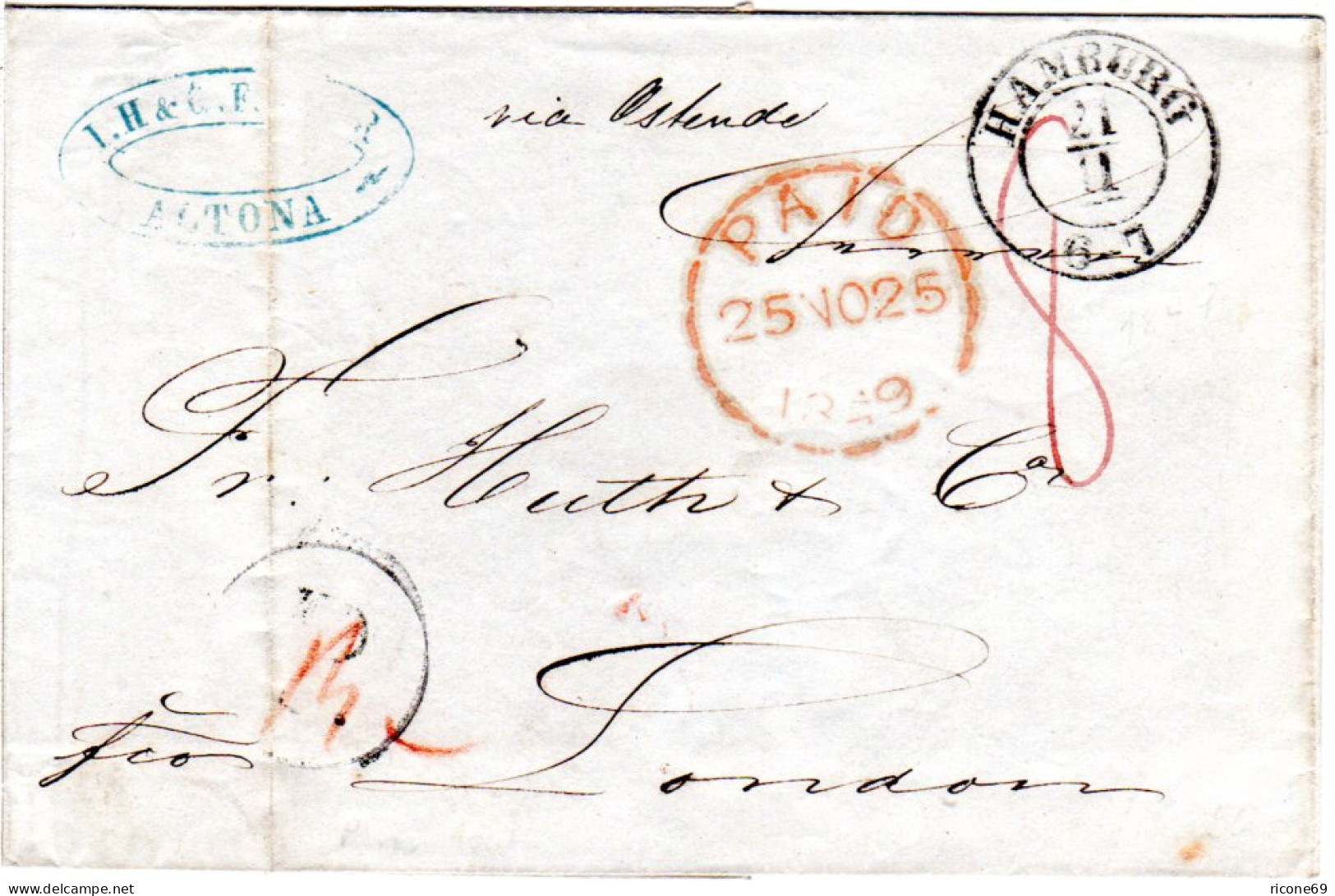 Hamburg 1849, Forwarder Brief V. Altona (Dänemark) Nach GB M. Aachen-K1 "P."  - Hambourg
