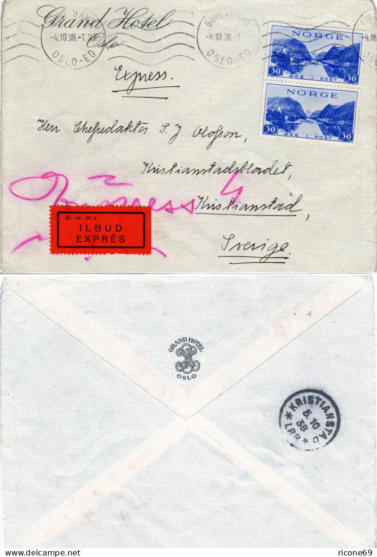 Norwegen 1938, MeF Paar 30 öre Auf Express Hotel Brief M. Bahnpost N. Schweden - Lettres & Documents