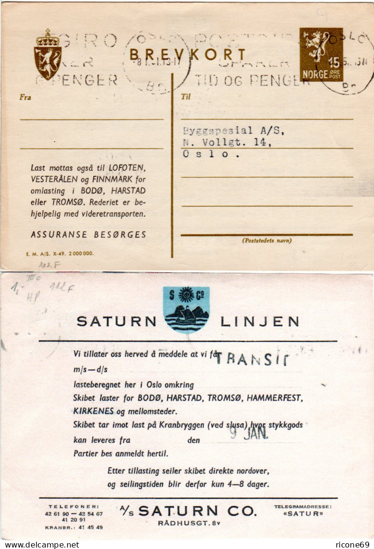 Norwegen 1951, 15 öre Ganzsache V. Oslo M. Rs. Zudruck Saturn Linjen - Lettres & Documents