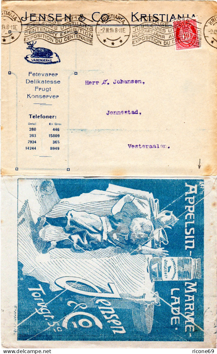 Norwegen 1914, 10 öre Auf Firmen Reklame Brief Jensen & Co. Kristiania - Covers & Documents
