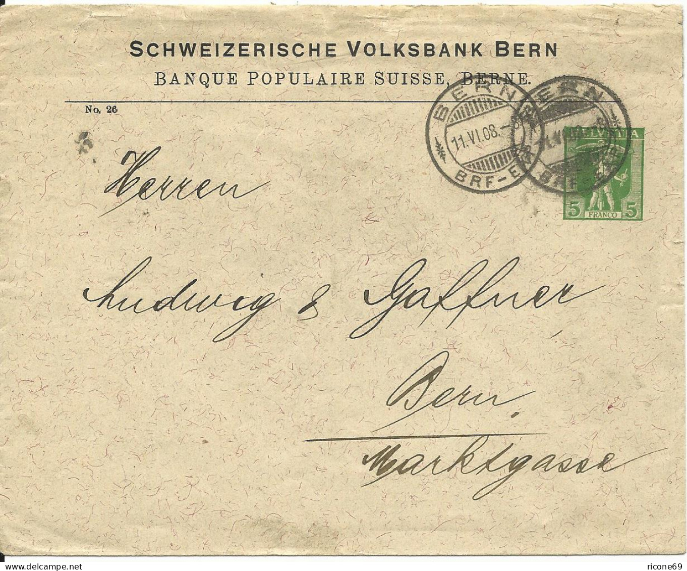 Schweiz 1908, Gebr. 5 C. Privat Ganzsache Brief Schweizerische Volksbank Bern - Monedas