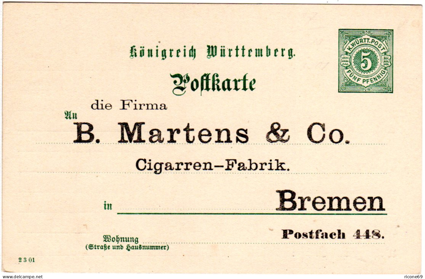 Württemberg, Ungebr. 5 Pf. Ganzsache M. Zudruck Martens&Co. Zigarren Bremen - Tabac