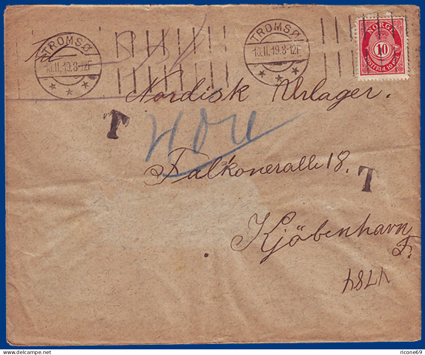 Norwegen 1919,Tromsö, "T" Porto Brief N. Dänemark. "4 öre".  #S806 - Storia Postale