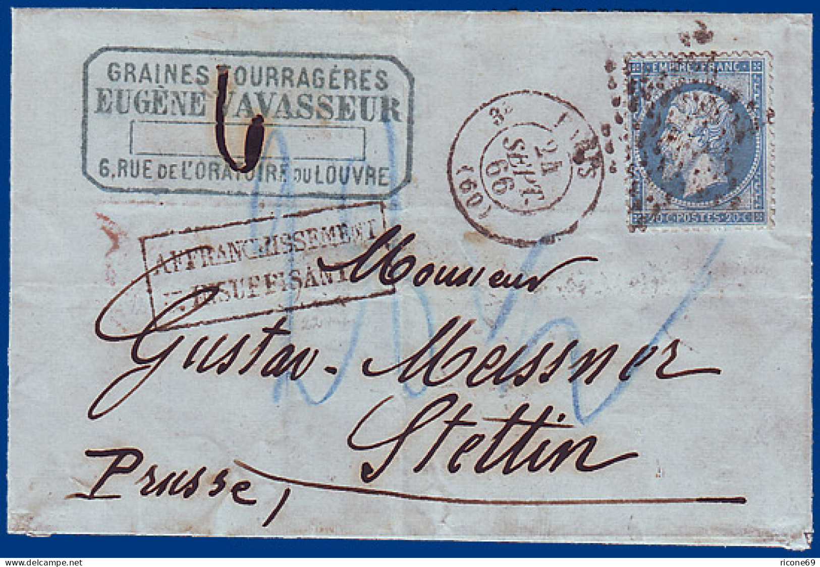 Preussen 1866, 20 C. Auf Frankreich Brief M. 28 1/2 SGr.(!) Porto! #S767 - Briefe U. Dokumente