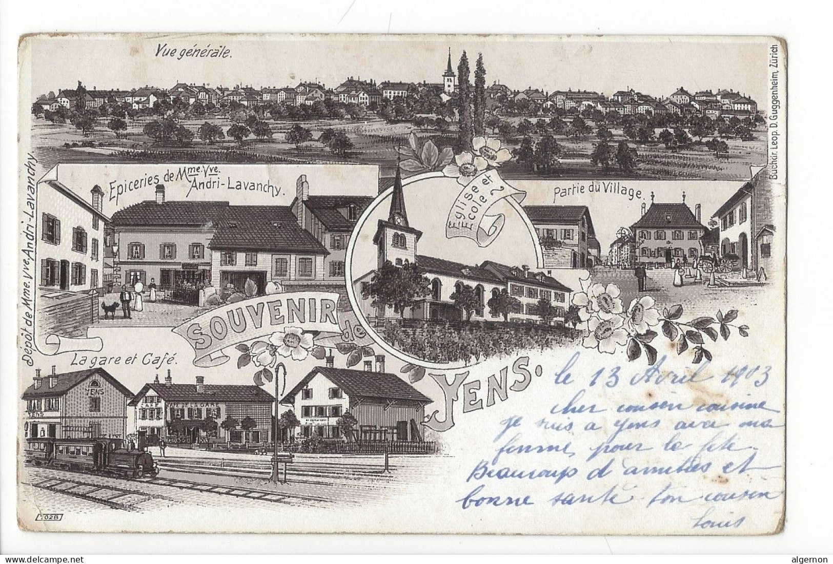 31381 - Souvenir De Yens Multivues Gare Et Café Epicerie Litho Brune 1903 - Yens