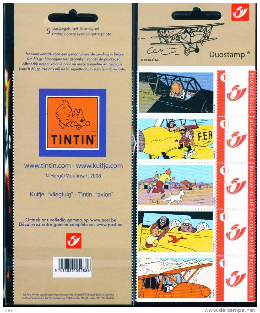 2008 TINTIN-  AVIONS DUOSTAMP 5 T IMBRES SOUS FILM - Tintin