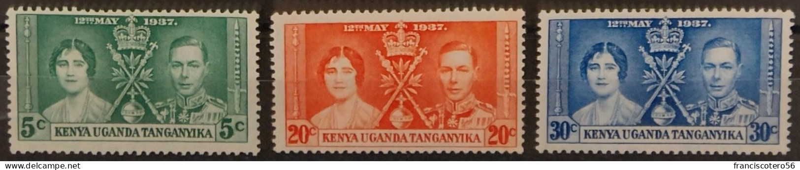 Kenia. Uganda. Tanganica.  Año: 1937 - Coronación. (Rey George VI). 3/Valores. Números,128/130 - Mui Buenos Ejemplares. - Kenya, Oeganda & Tanganyika