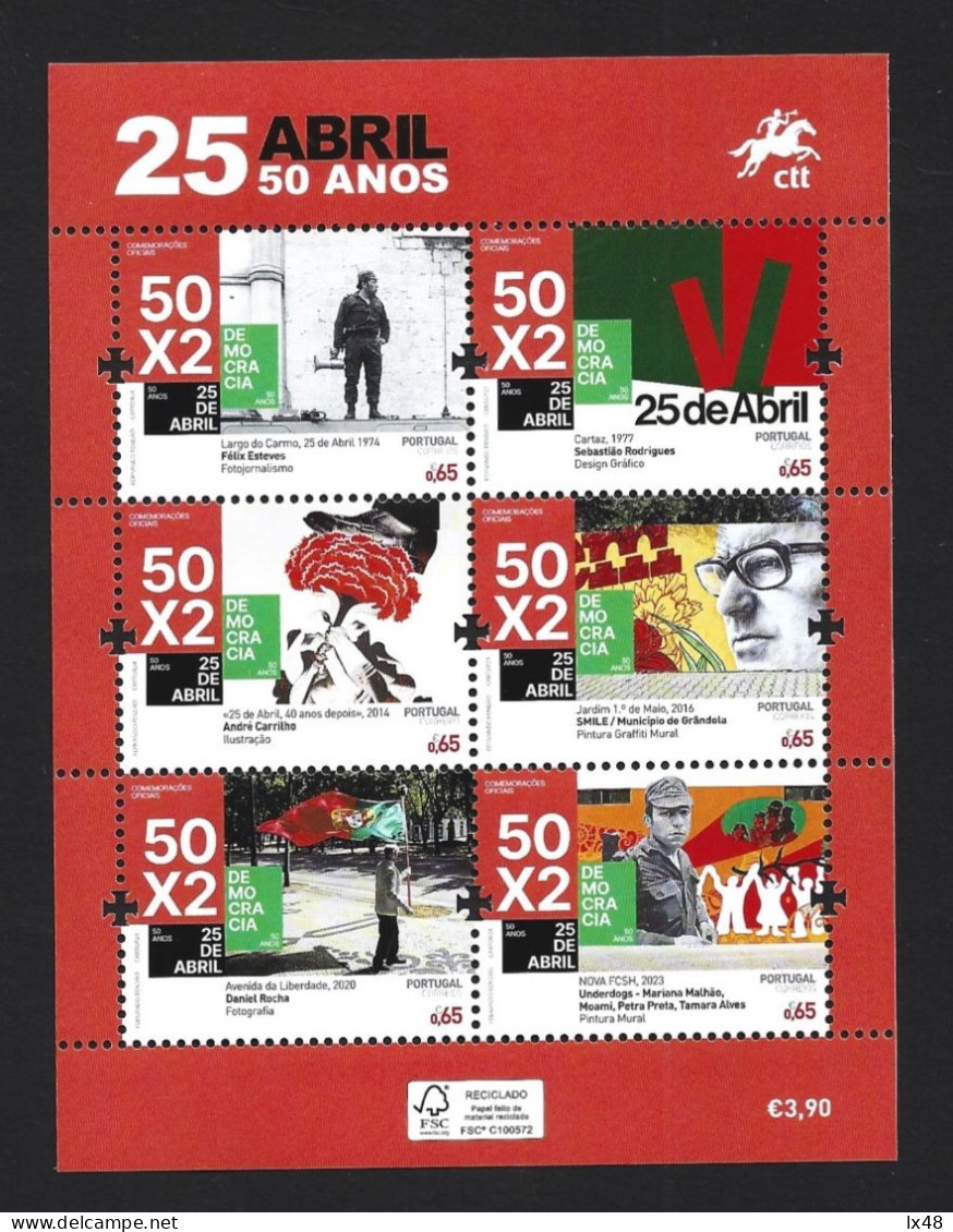 Cravo. Bloco 50 Anos 25 De Abril De 1974 Em Portugal. Revolução Militar Portugal. Salgueiro Maia No Largo Carmo Lisboa - Storia Postale