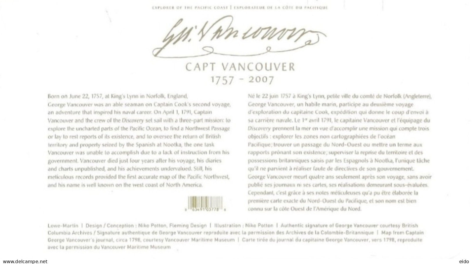 CANADA - 2007, FDC STAMP OF CAPT VANCOUVER, NOT USED. - Covers & Documents