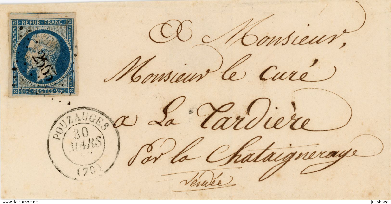 30 Mars 1853 L.S.C. N°10a TTB Avec Voisin,pc 2565 Pauzauges Vers La Tardière,au Dos La Chataigneraye - 1849-1876: Klassik