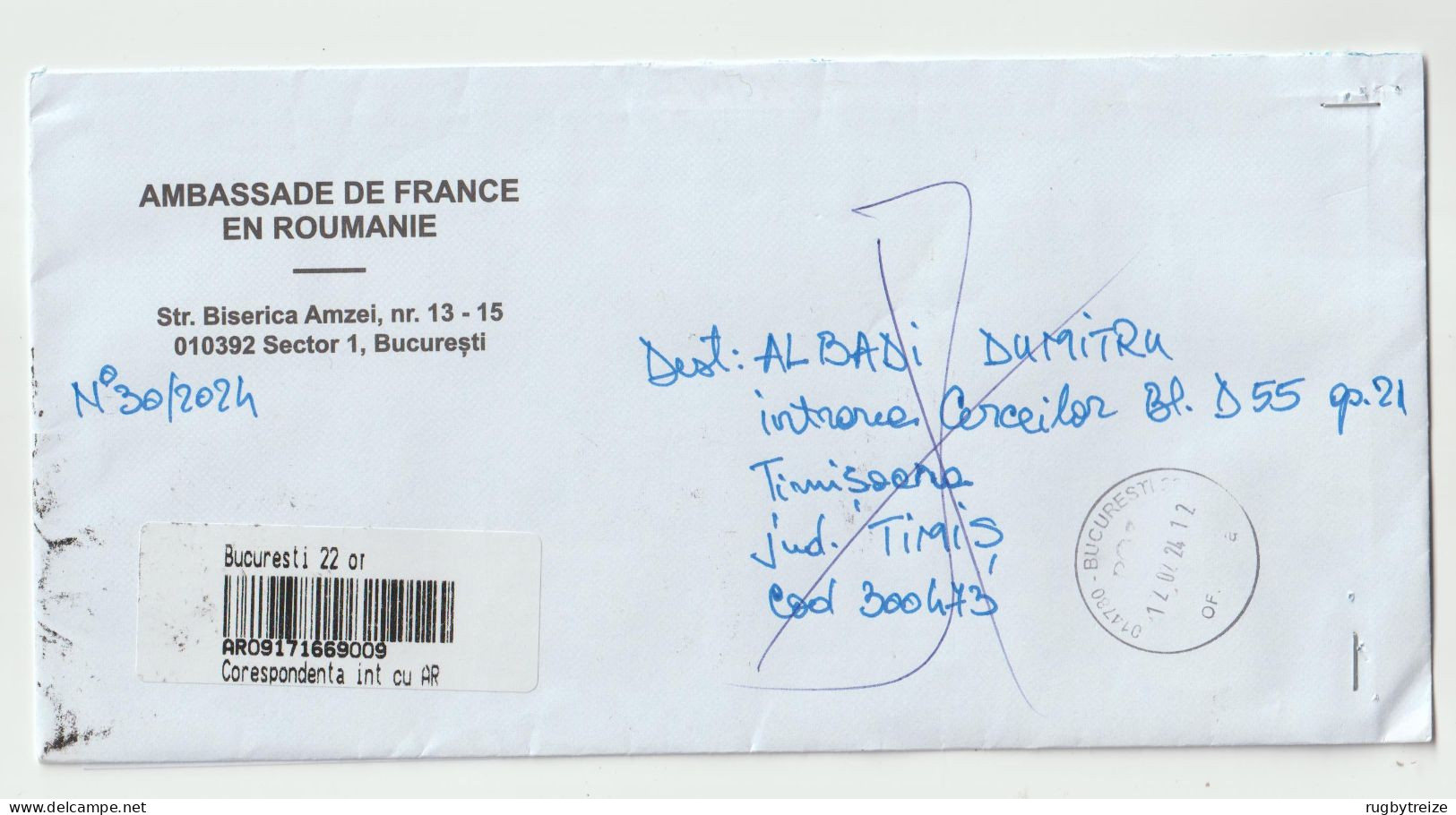 7715 Lettre Cover ROUMANIE ROMANIA 2024 Recommandé Registered Code Barre Cod RTS NPAI Return To Sender - Postmark Collection