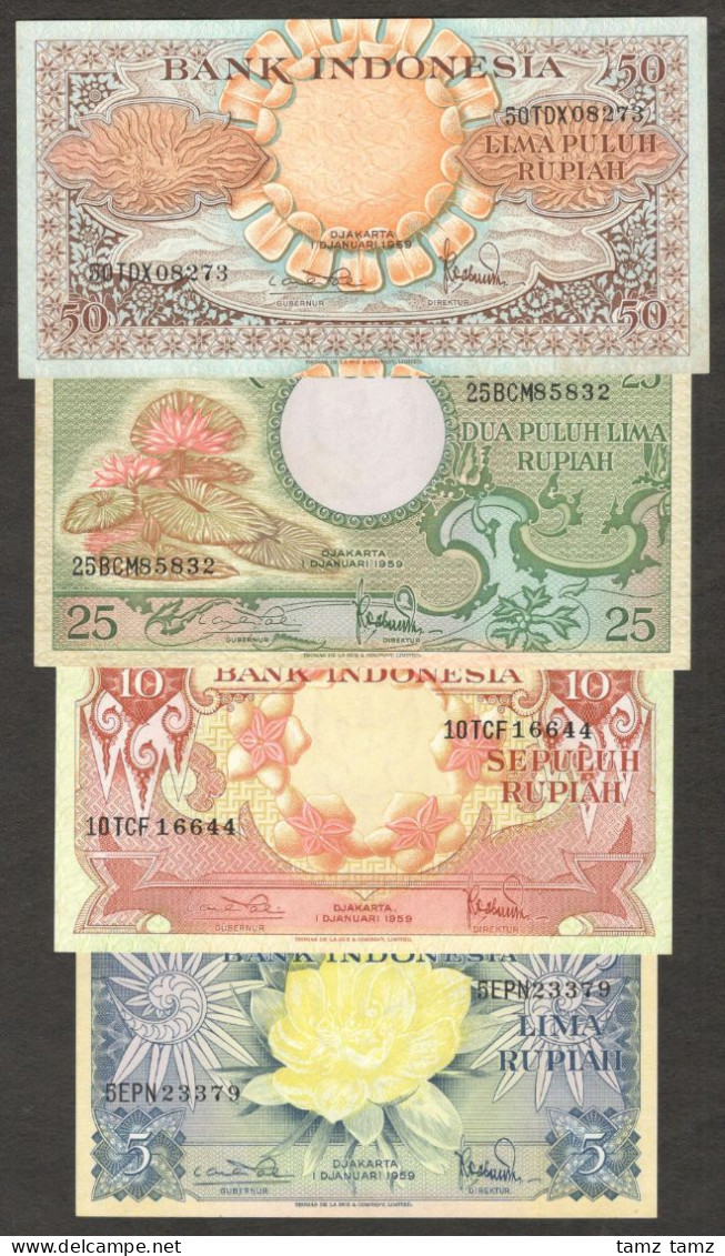 Set 4 Pcs Indonesia 5 10 25 50 Rupiah Flower & Birds P-65 P-68 1959 UNC - Indonesia