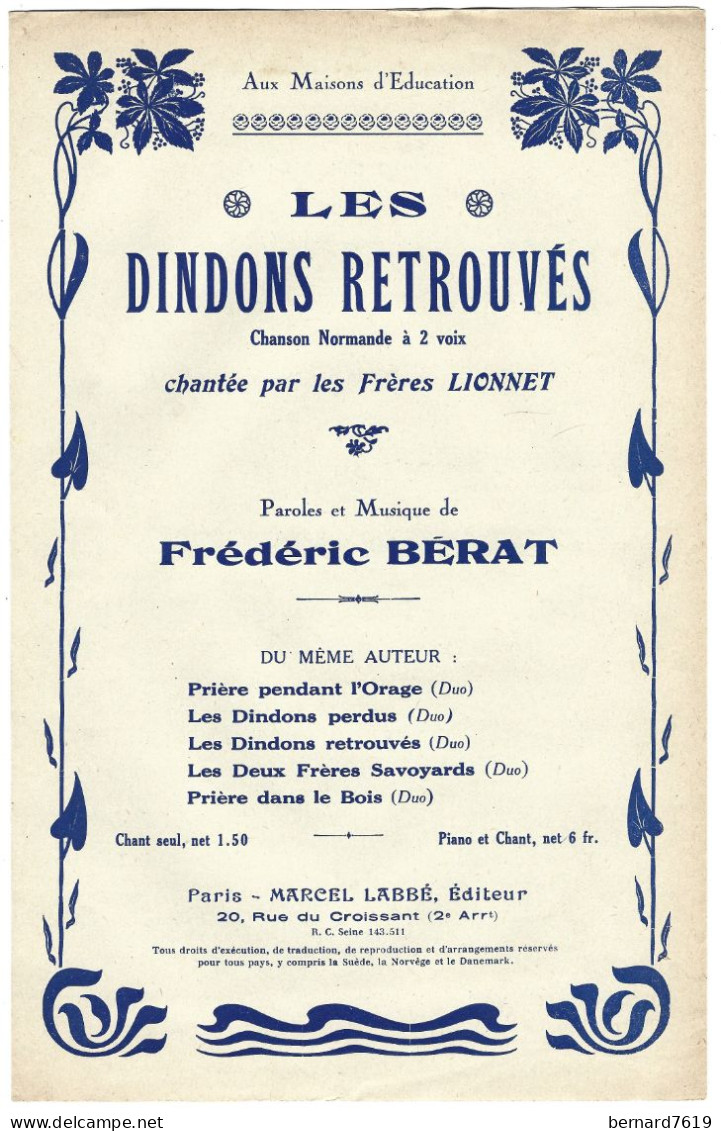 Partition Musicale - Les Dindons Retrouves Chantee Par Les Freres Lionnet - Parole Et Musique  Frederic Berat - Spartiti