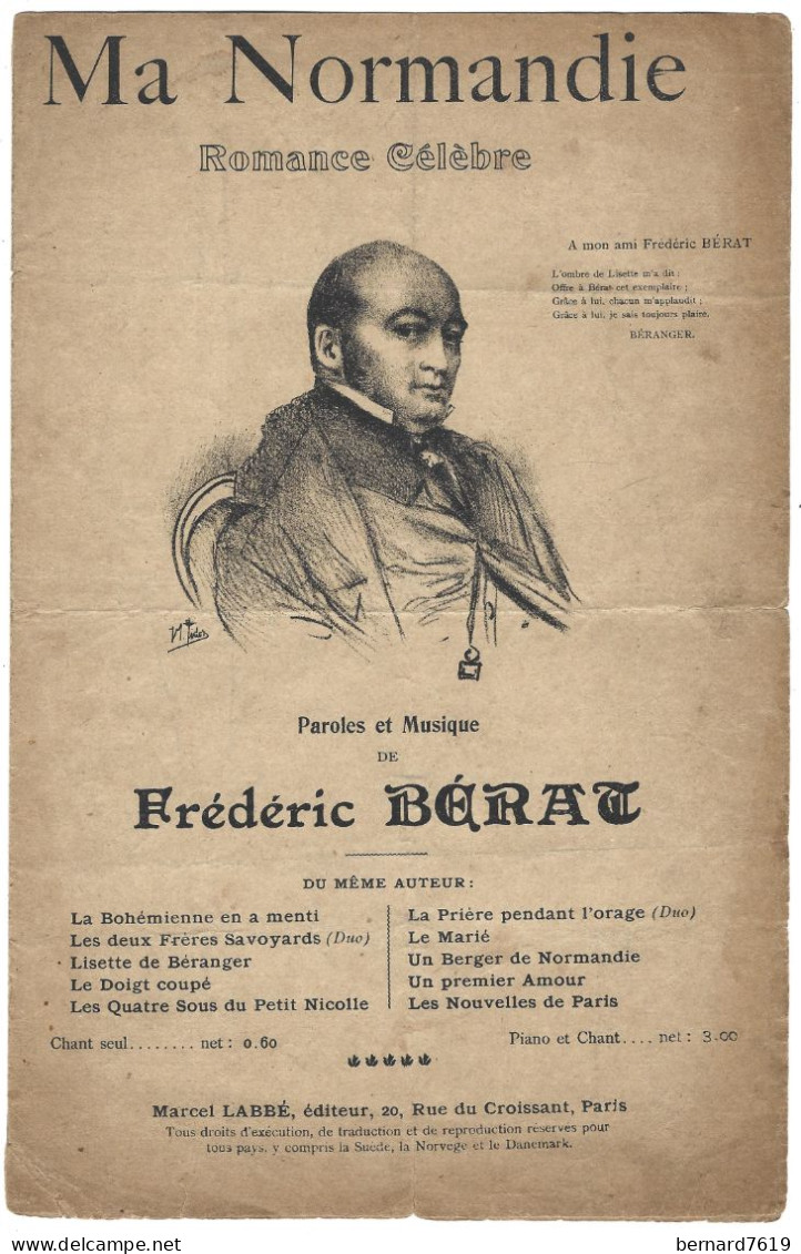Partition Musicale -  Ma Normandie  - Parole Et Musique  Frederic Berat - Partitions Musicales Anciennes