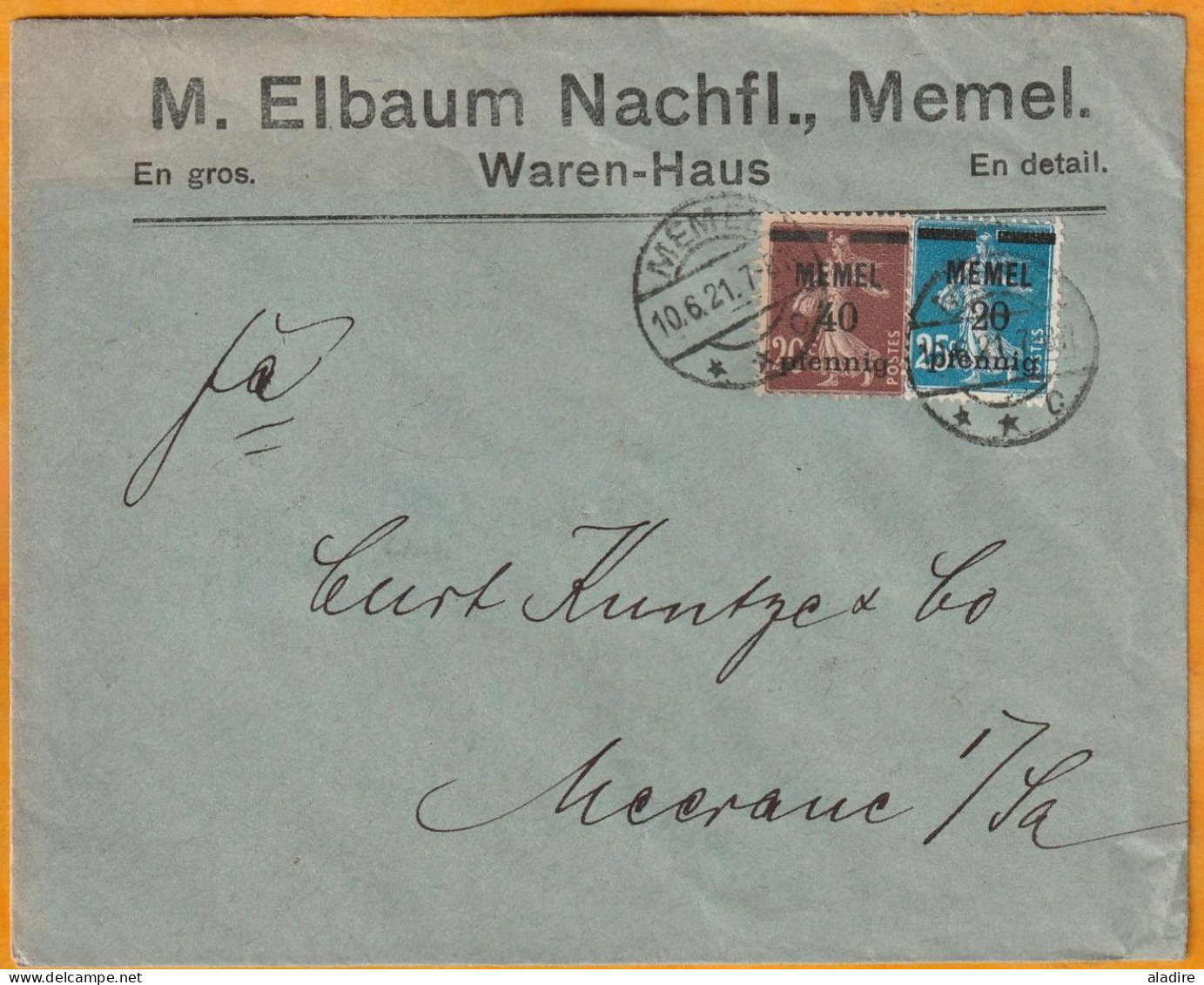 1921 - Enveloppe De MEMEL Vers MEERANE, Saxe, Allemagne - 20 C Semeuse Camée Surchargé Memel 40 Pf Et 25 C Surch 20 Pf - Covers & Documents