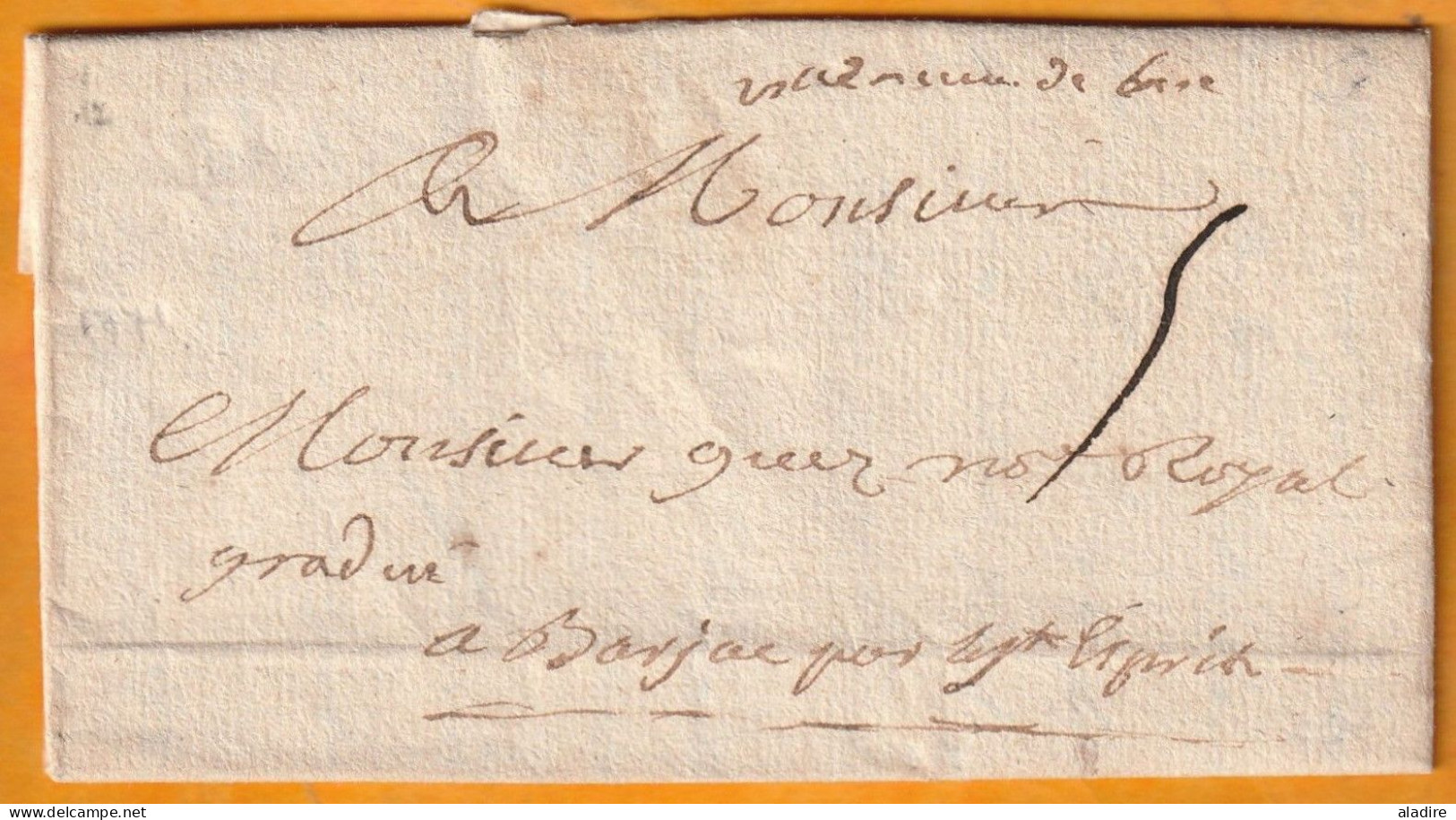 1771 - Marque Postale Manuscrite VILLENEUVE DE BERG, Ardèche Sur Lettre Vers BARJAC, Gard - Taxe 5 - 1701-1800: Vorläufer XVIII