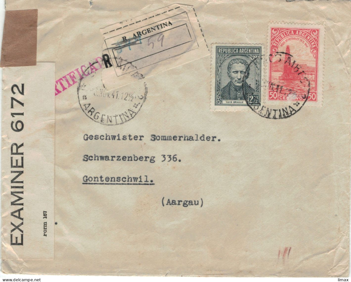 Reco Buenos Aires 3.11.1941 > Sommerhalter Gontenschwil 21.II.1942 - Zensur Examiner 6172 - Luis Braille - Storia Postale