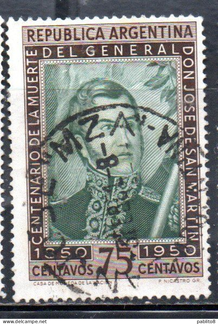 ARGENTINA 1950 PORTRAIT OF GENERAL DE SAN MARTIN 75c USED USADO OBLITERE' - Usati