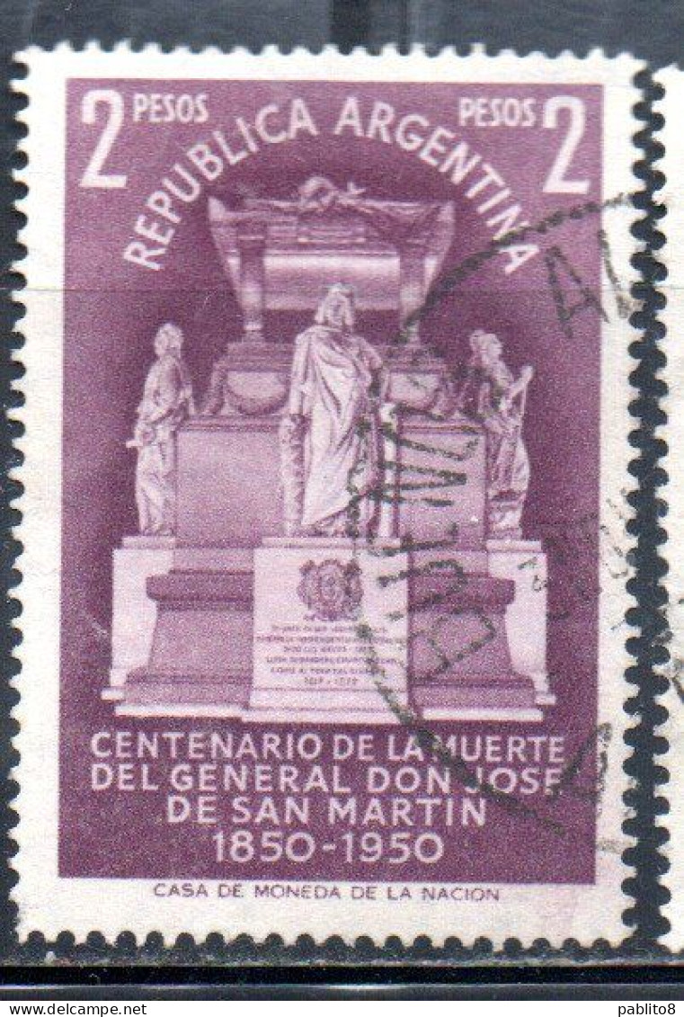 ARGENTINA 1950 MAUSOLEUM OF GENERAL DE SAN MARTIN 2p USED USADO OBLITERE' - Usati