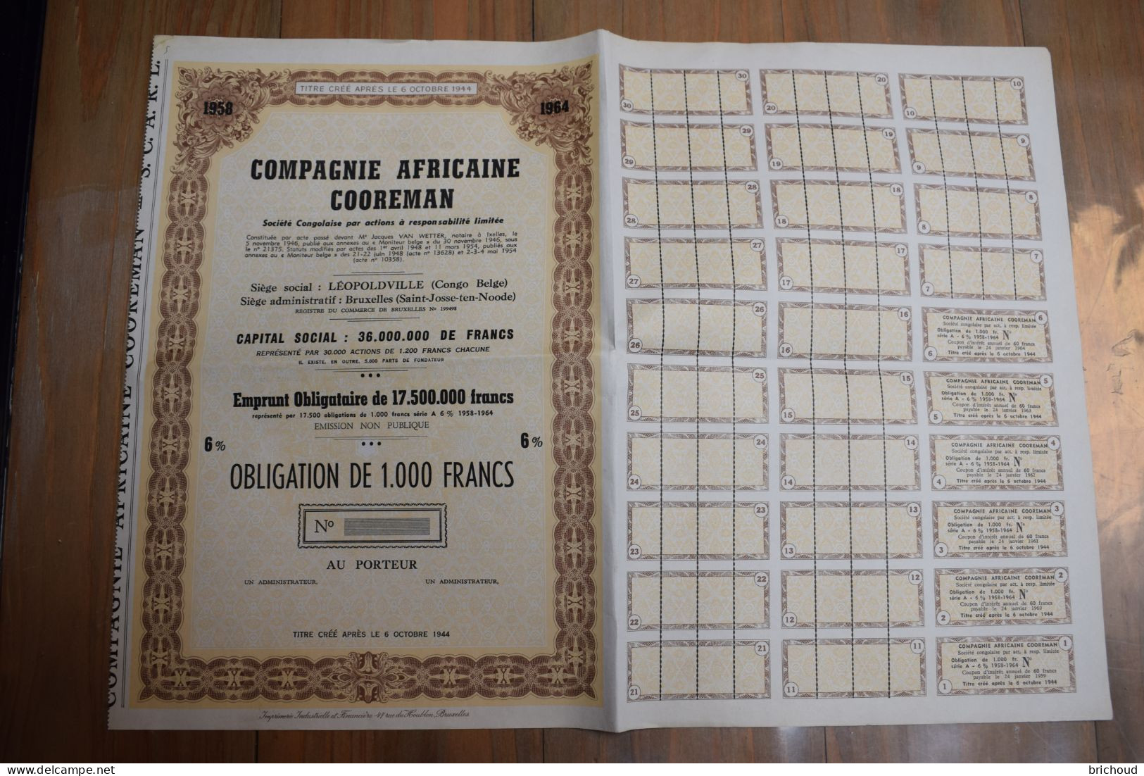 Compagnie Africaine Cooreman Société Congolaise Léopoldville Congo Belge 1000 Frs Non Numéroté - Afrika