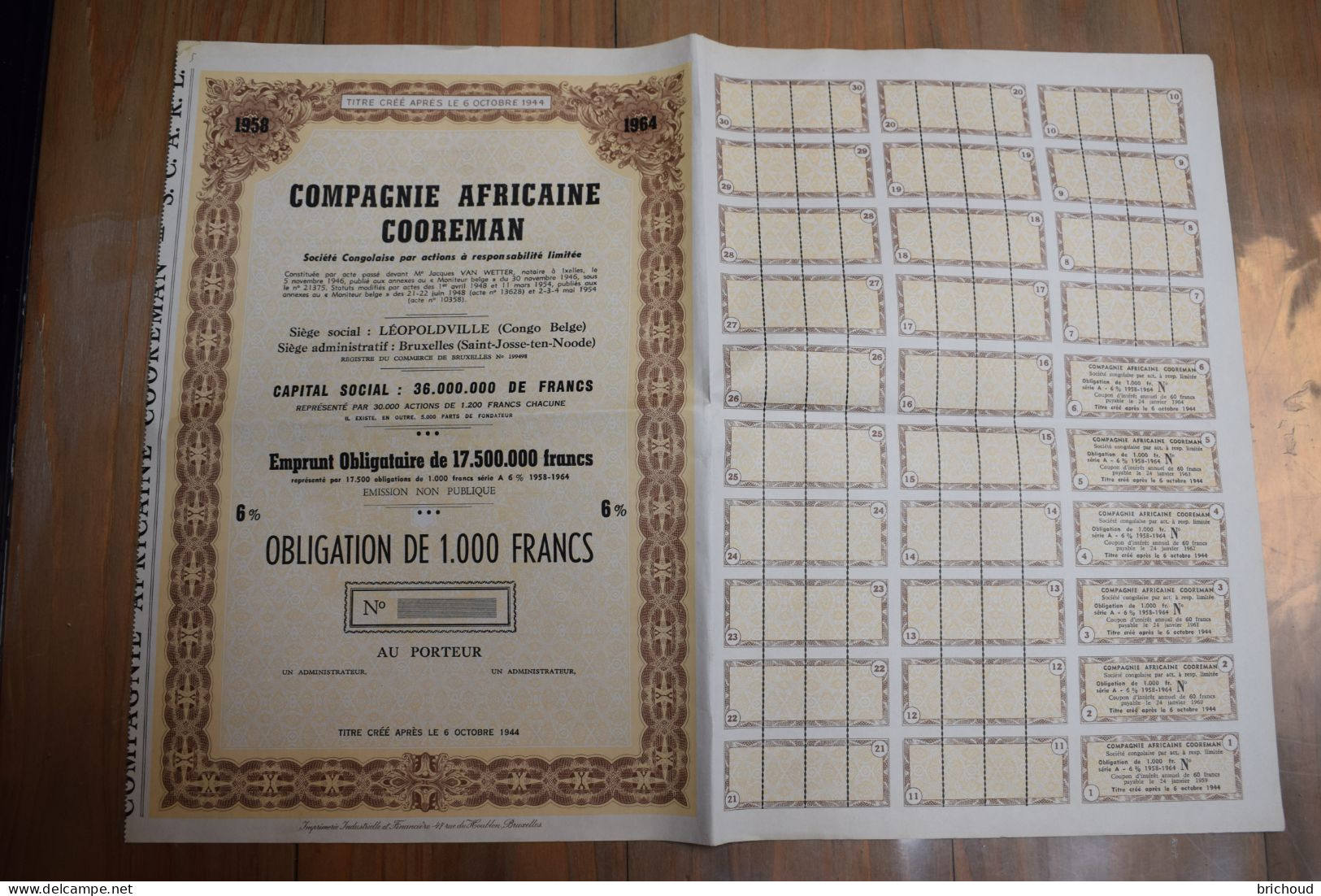 Compagnie Africaine Cooreman Société Congolaise Léopoldville Congo Belge 1000 Frs Non Numéroté - Africa