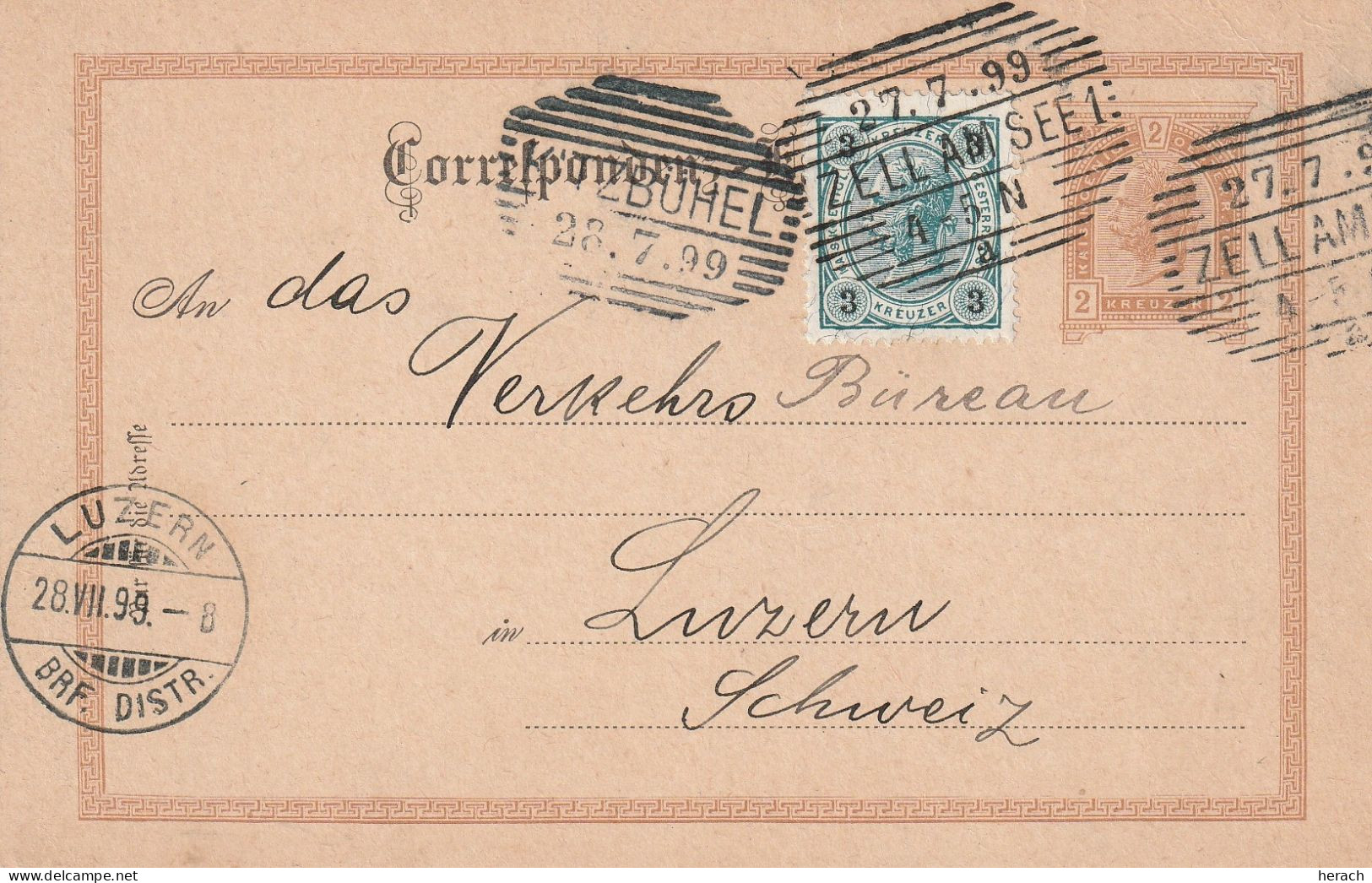 Autriche Entier Postal Zell Am See Pour La Suisse 1899 - Briefkaarten