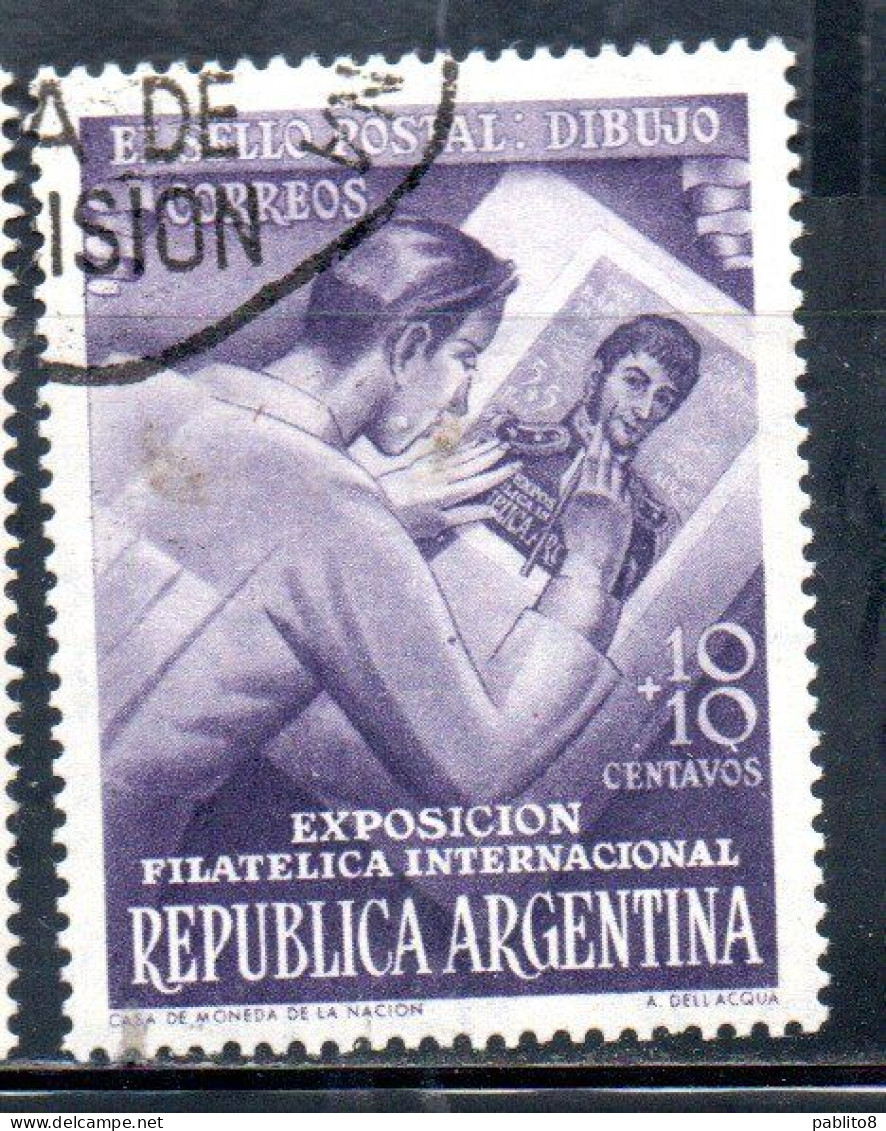 ARGENTINA 1950 INTERNATIONAL PHILATELIC EXHIBITION STAMP DESIGNING 10c + 10c USED USADO OBLITERE' - Gebruikt