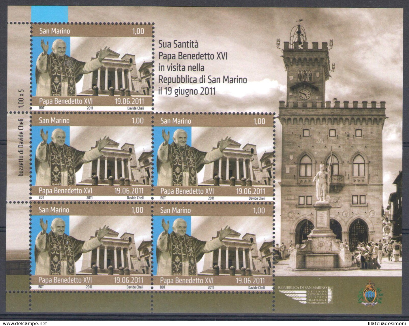 2011 San Marino, Visita Di Papa Benedetto XVI. Alla Repubblica Di San Marino, BF 110, Foglietto Di 5 Valori, MNH** - Blocks & Sheetlets