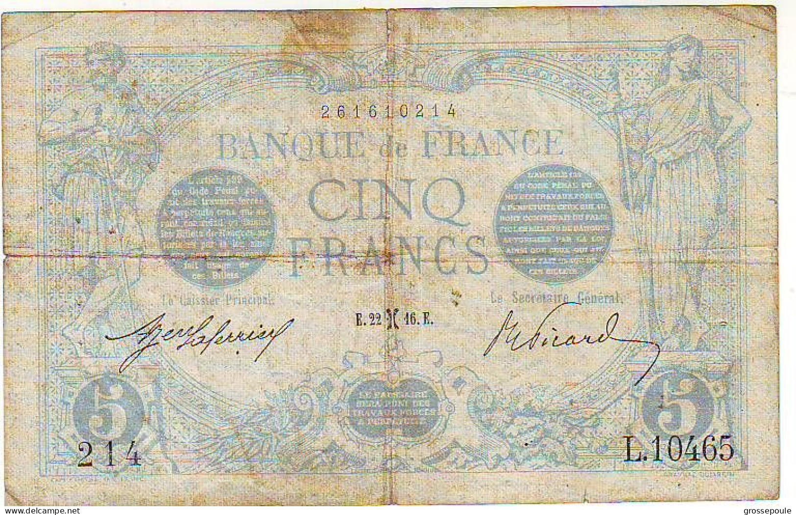 BILLET 5 FRANCS 22 Février 1916 - N° L.10465 - TTB - 5 F 1912-1917 ''Bleu''