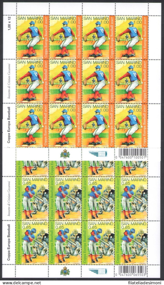 2007 San Marino, Coppa Europa 2007 Di Baseball, N. 2145-46 - Minifoglio 12 Valori Con Codice A Barre, MNH** - Blocs-feuillets