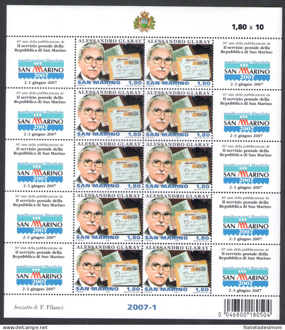 2007 San Marino, Glaray Esperto Di Filatelia E Storia Postale Sanmarinese, N. 2128 - Minifoglio 10 Valori Con Codice A B - Blocks & Kleinbögen