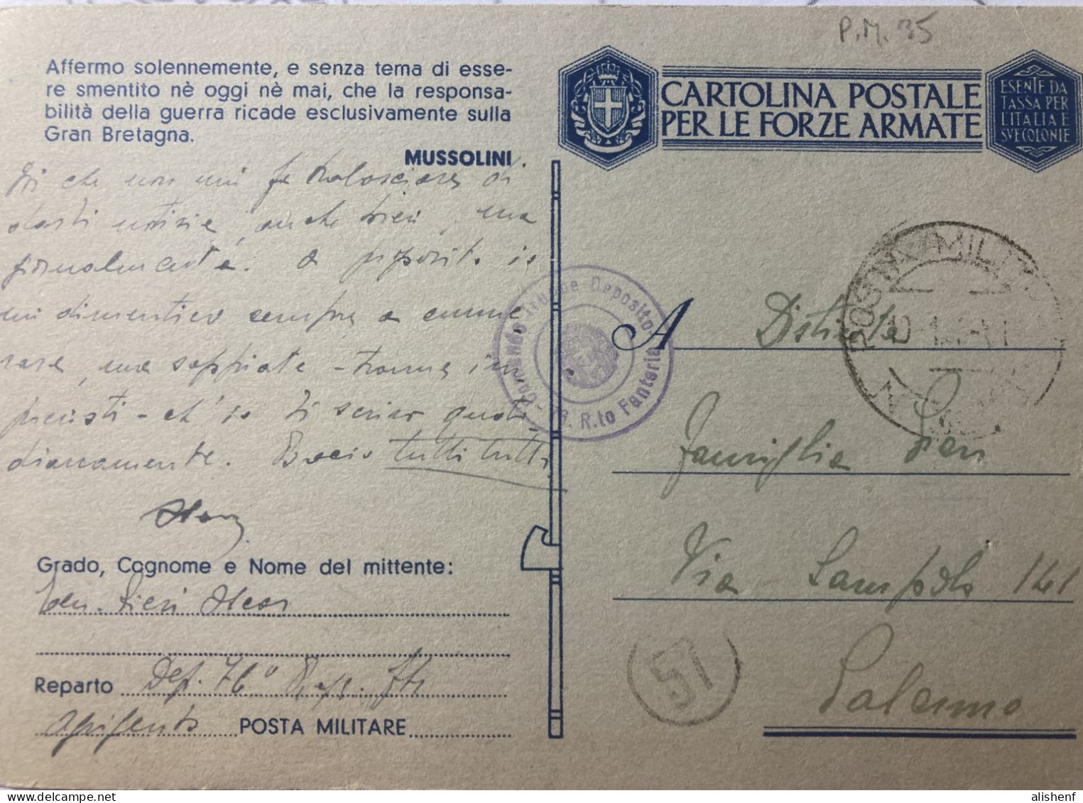 Agrigento Cartolina Franchigia Militare Deposito 76 Reggimento Per Palermo - Agrigento