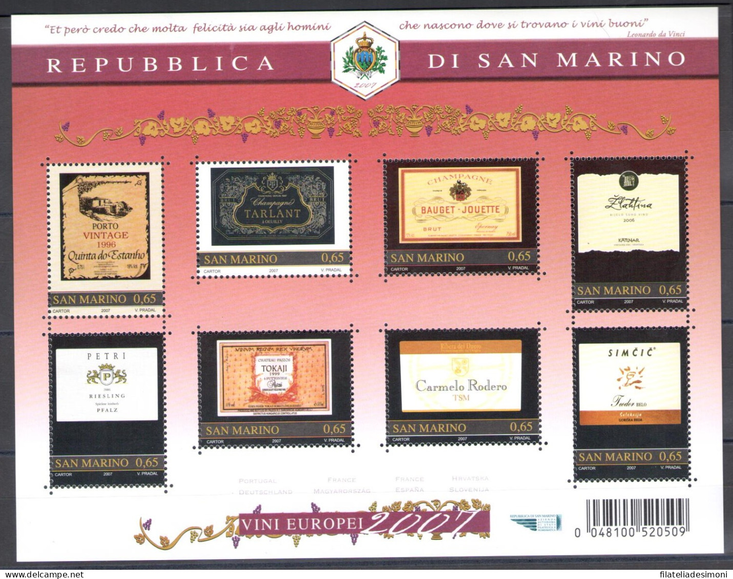 2007 San Marino, Grandi Vini Europei, BF 93 - MNH** - Blocks & Sheetlets
