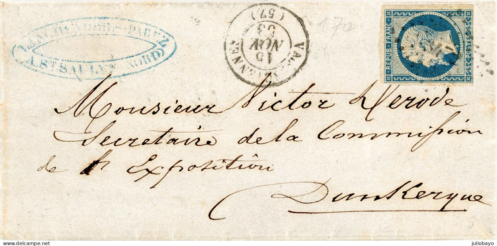 15 Novembre 1853 L.A.C. N°10 Bleu Sur Crème TB Pc 3472 Valenciennes Vers Dunkerque - 1849-1876: Klassik