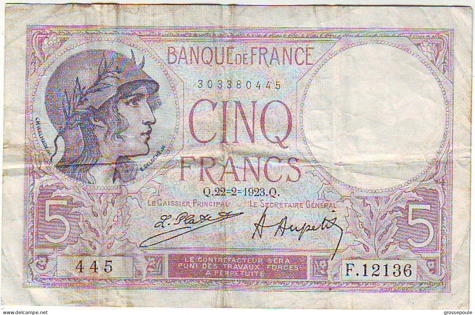 BILLET 5 FRANCS VIOLET - Du 22 Février 1923 - - F 12136 - 445 - - 5 F 1912-1917 ''Bleu''