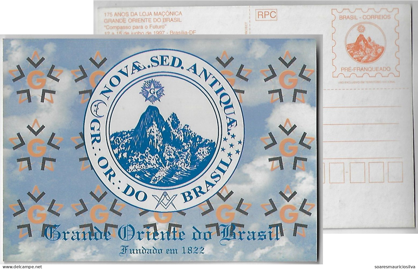 1997 Postal Stationery Card 175 Years Of The Greater East Of Brazil Freemasonry Lodge In Rio De Janeiro Unused Cat US$10 - Freemasonry