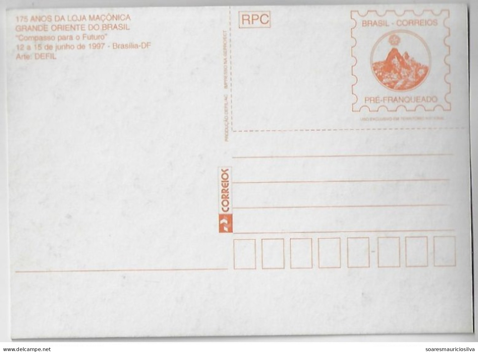 1997 Postal Stationery Card 175 Years Of The Greater East Of Brazil Freemasonry Lodge In Rio De Janeiro Unused Cat US$10 - Freemasonry