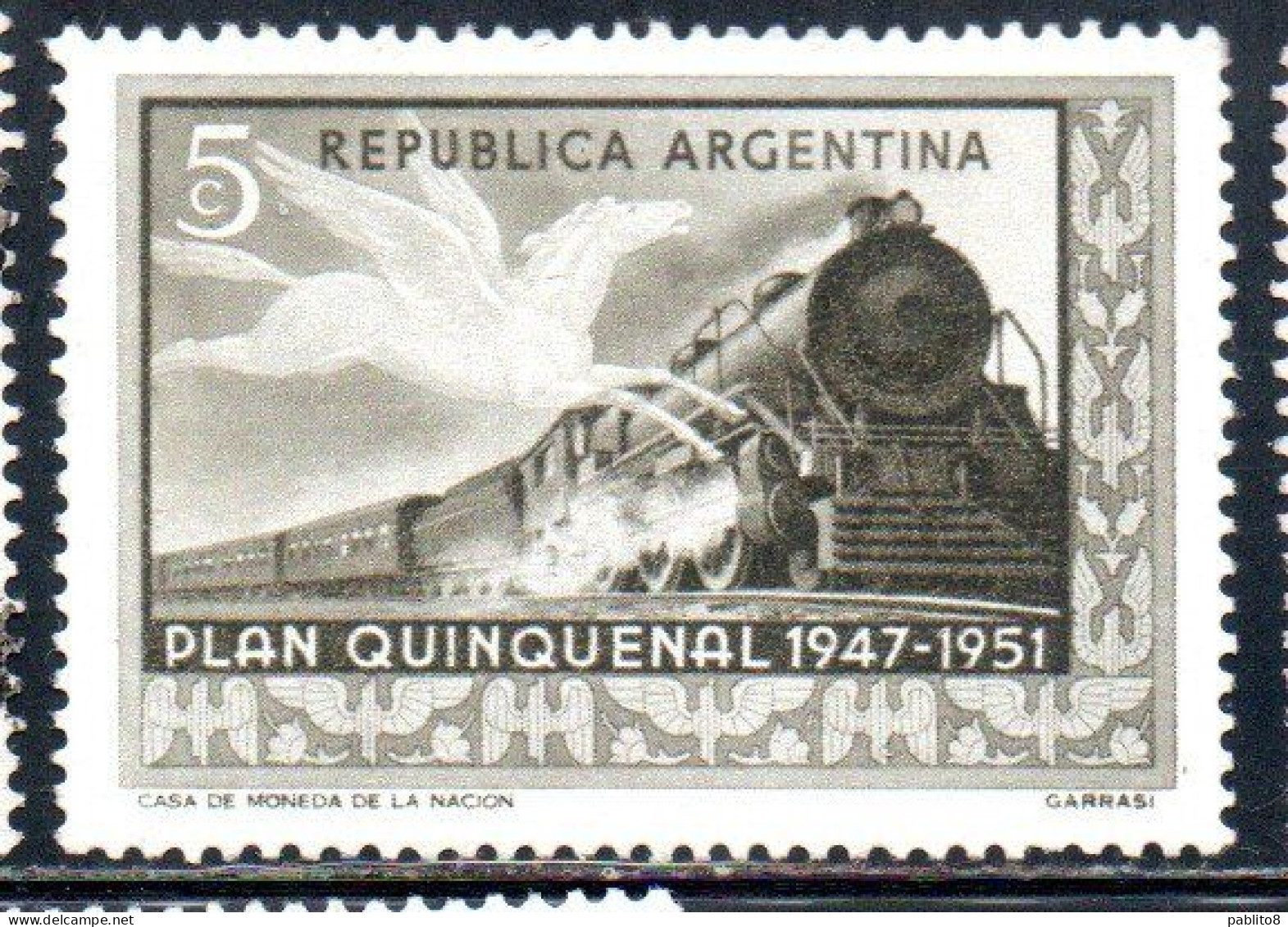 ARGENTINA 1951 CLOSE OF ARGENTINE FIVE YEARS PLAIN PEGASUS AND TRAIN 5c  MH - Unused Stamps