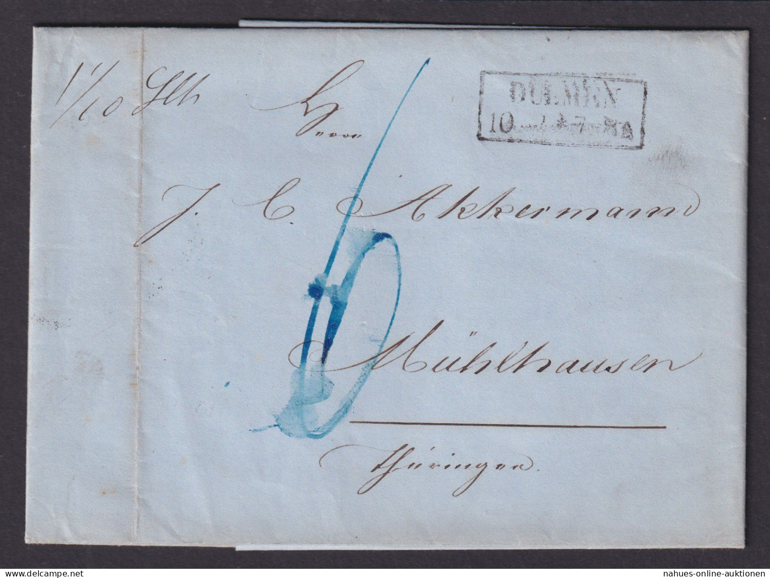 Altdeutschland Preussen R2 Dülmen N. Mühlhausen Thüringen Brief Nachtaxiert Auf - Covers & Documents