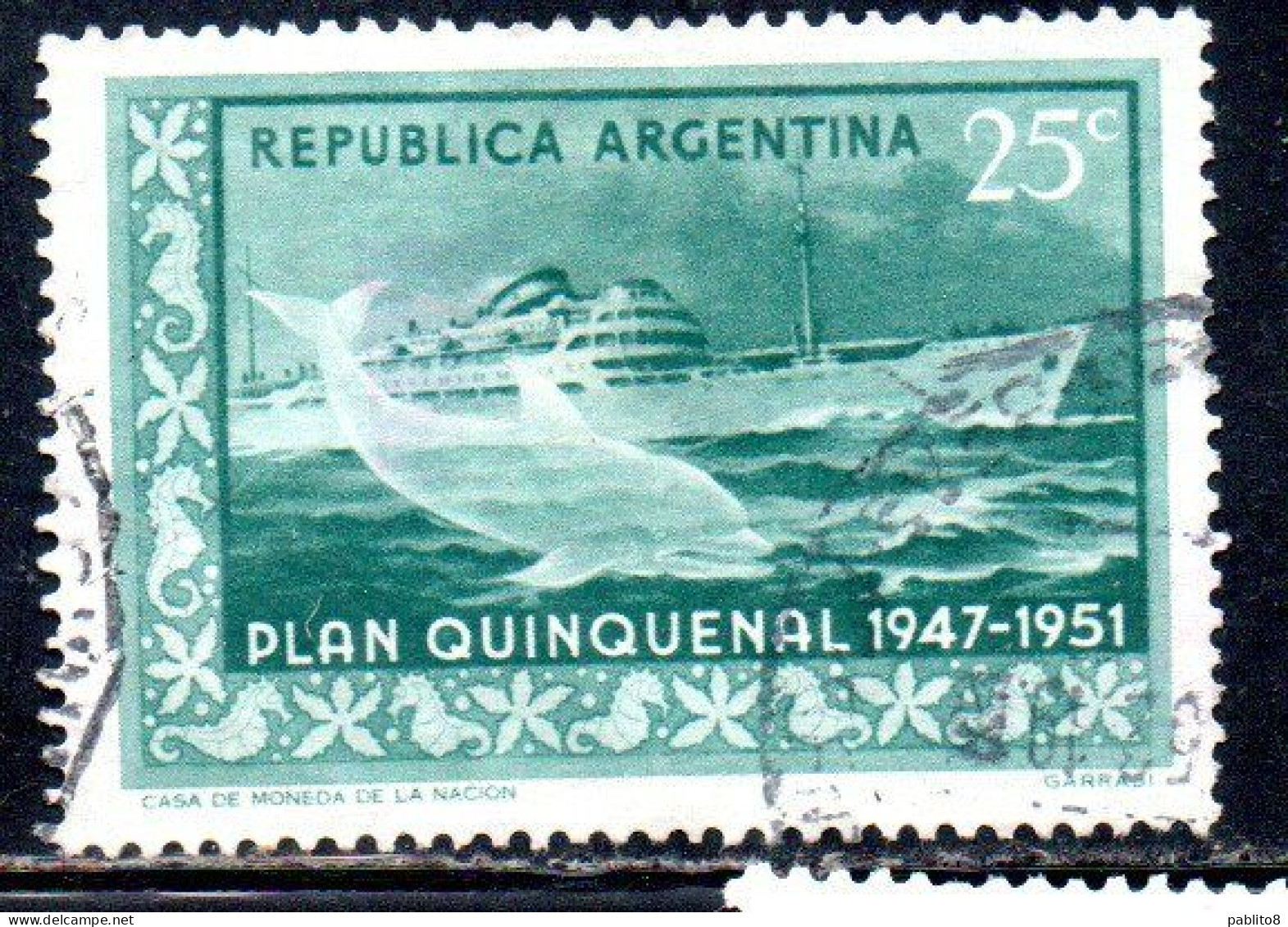 ARGENTINA 1951 CLOSE OF ARGENTINE FIVE YEARS PLAIN SHIP AND DOLPHIN 25c USED USADO OBLITERE' - Gebruikt