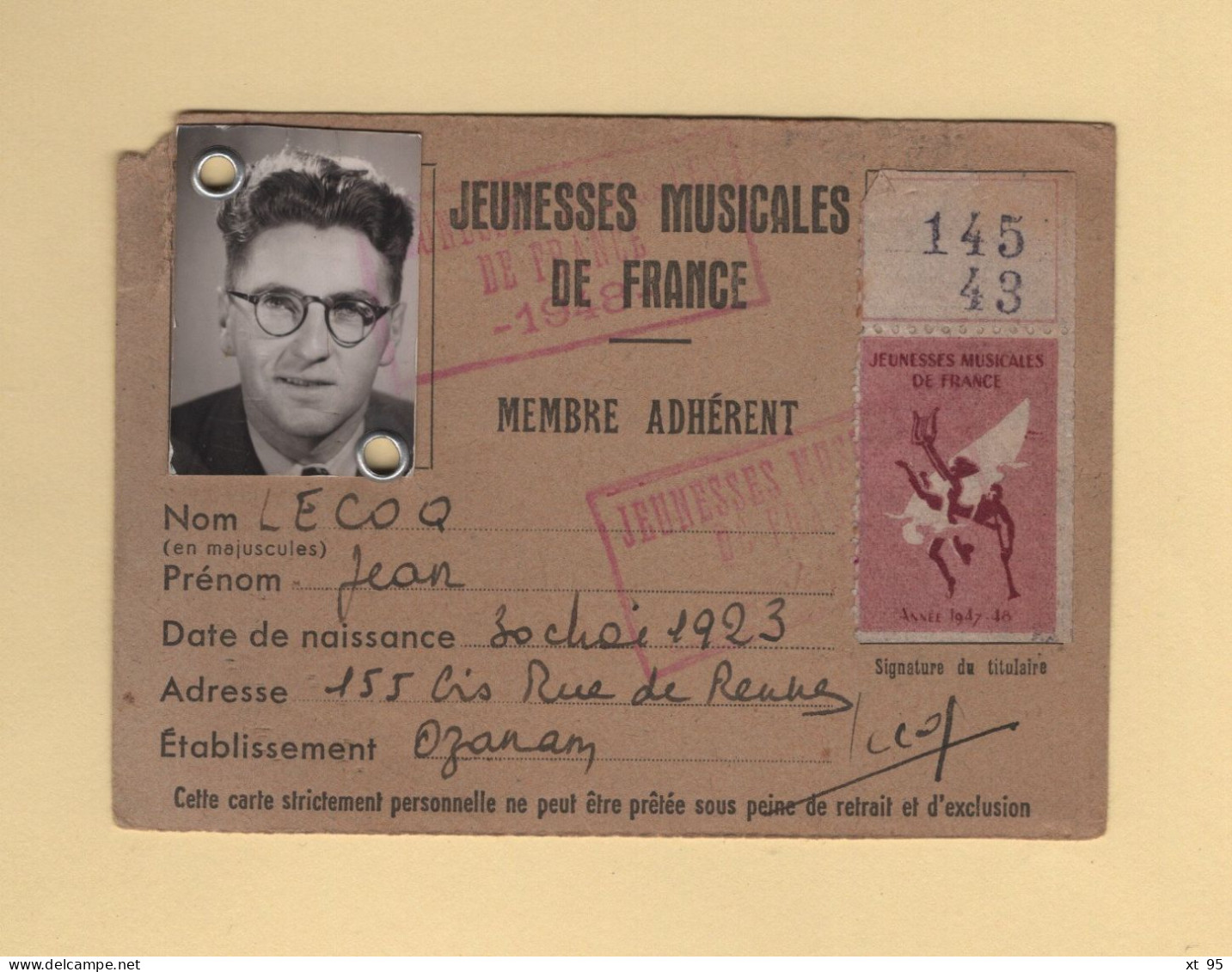 Carte Membre Des Jeunesses Musicales De France - Vignette Annee 1947-1948 - Other & Unclassified