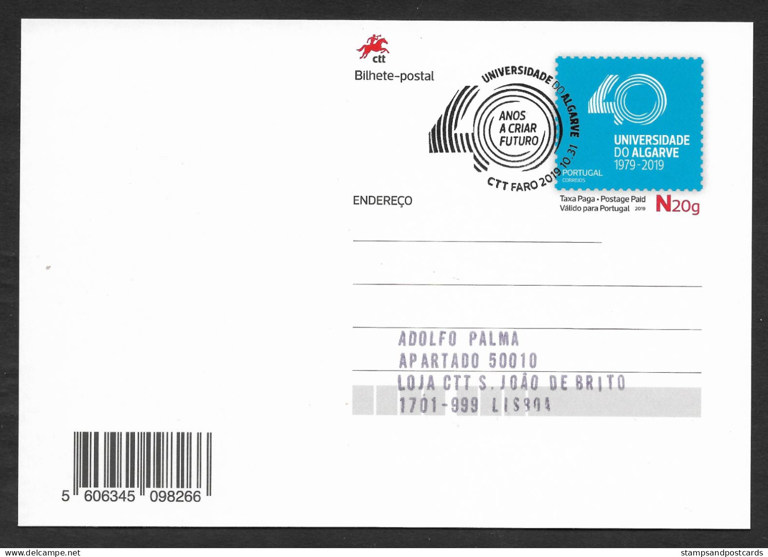 Portugal Entier Postal Université Du Algarve 40 Ans Cachet Premier Jour Faro 2019 Stationery Algarve University Pmk - Postal Stationery