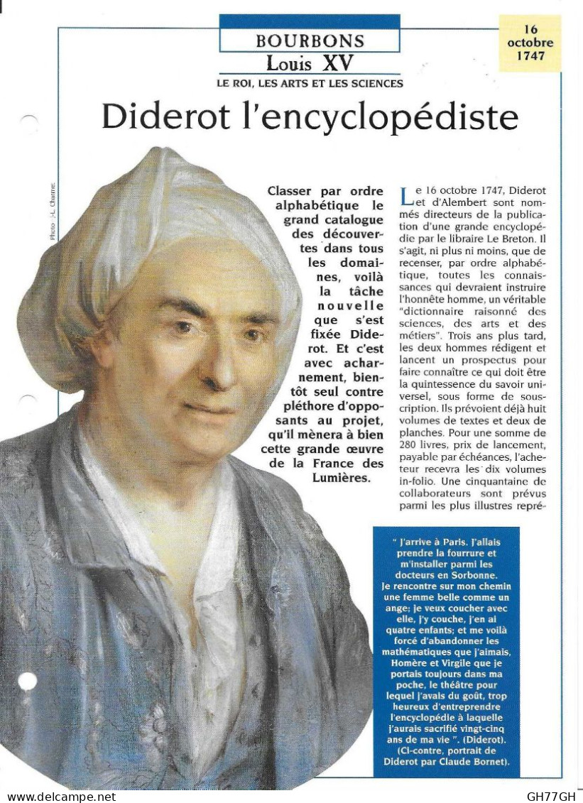 FICHE ATLAS: DIDEROT L'ENCYCLOPEDISTE -BOURBONS - Histoire