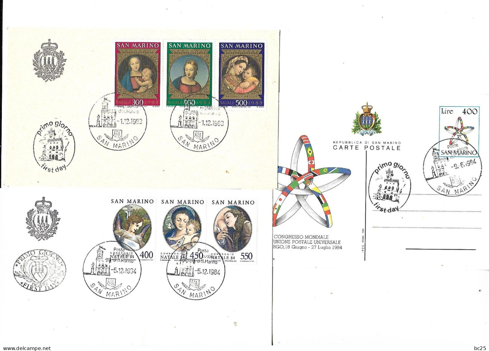 SAINT MARINO-2 TRES BELLES ENVELOPPES IMPRIMES SE TENANT -ET 1 CARTE POSTALE TOUS NEUVE * *-ET 1er JOURS- DE 1983-84 - Storia Postale