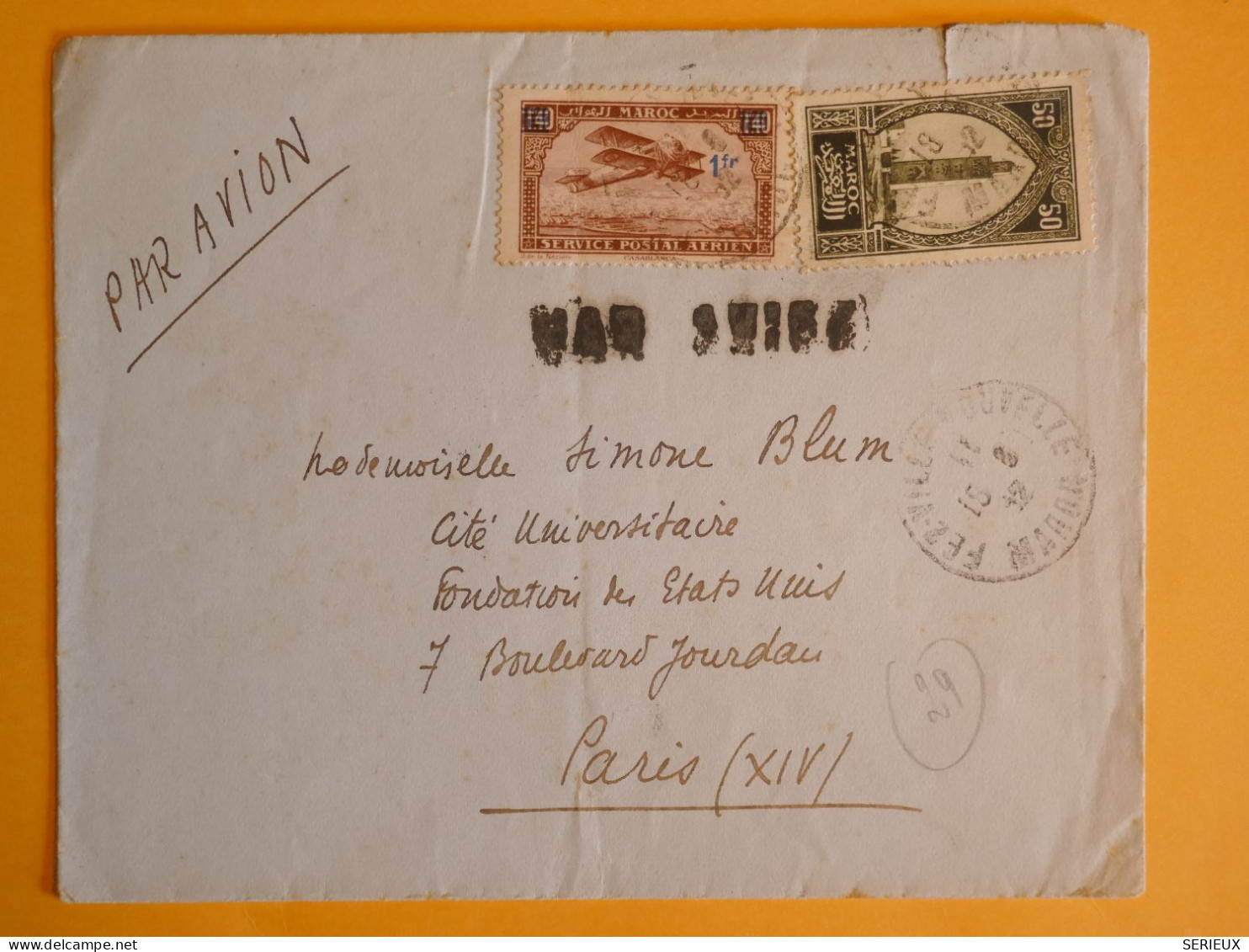 DM6 MAROC    BELLE LETTRE 1932 PAR AVION FEZ  A PARIS  FRANCE   + AFF.   INTERESSANT+ + - Lettres & Documents
