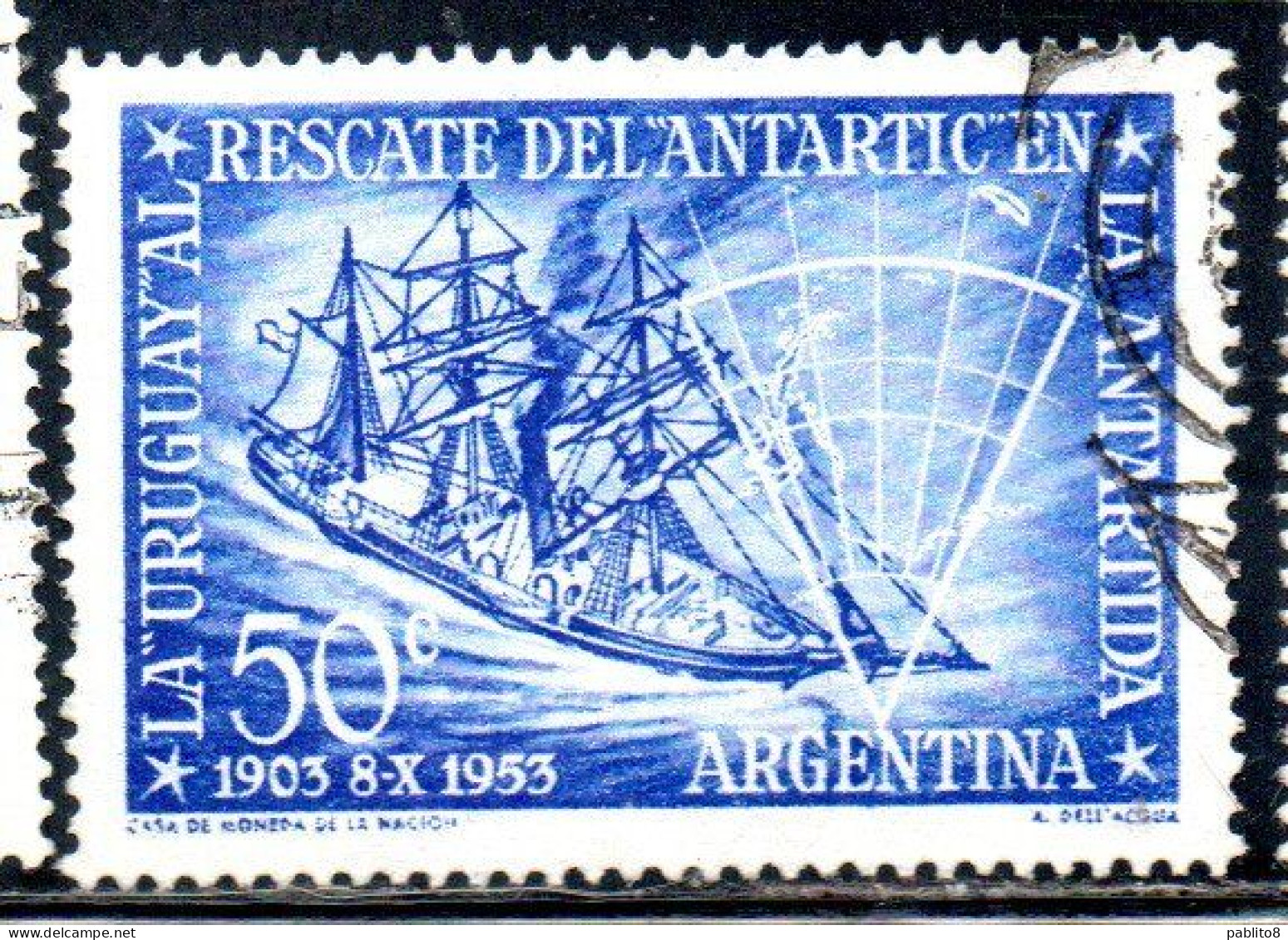 ARGENTINA 1953 RESCUE OF ANTARCTIC EXPEDITION SHIP URUGUAY OF OTTO NORDENSKJOLD 50c USED USADO OBLITERE' - Used Stamps