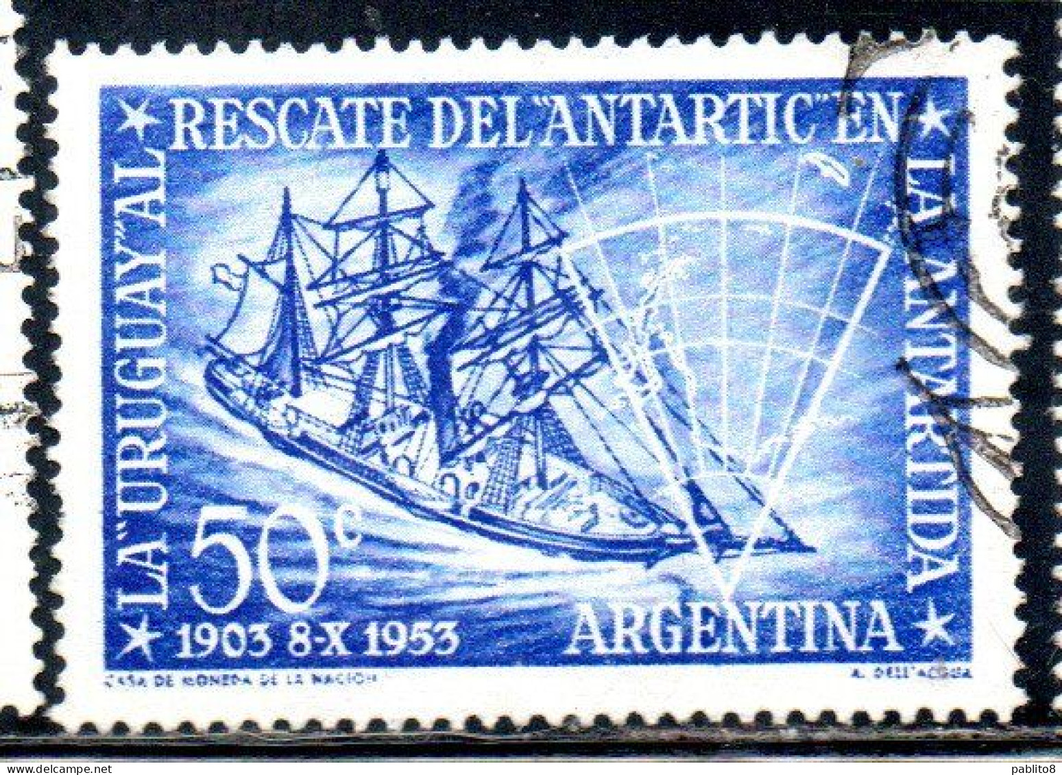 ARGENTINA 1953 RESCUE OF ANTARCTIC EXPEDITION SHIP URUGUAY OF OTTO NORDENSKJOLD 50c USED USADO OBLITERE' - Usati
