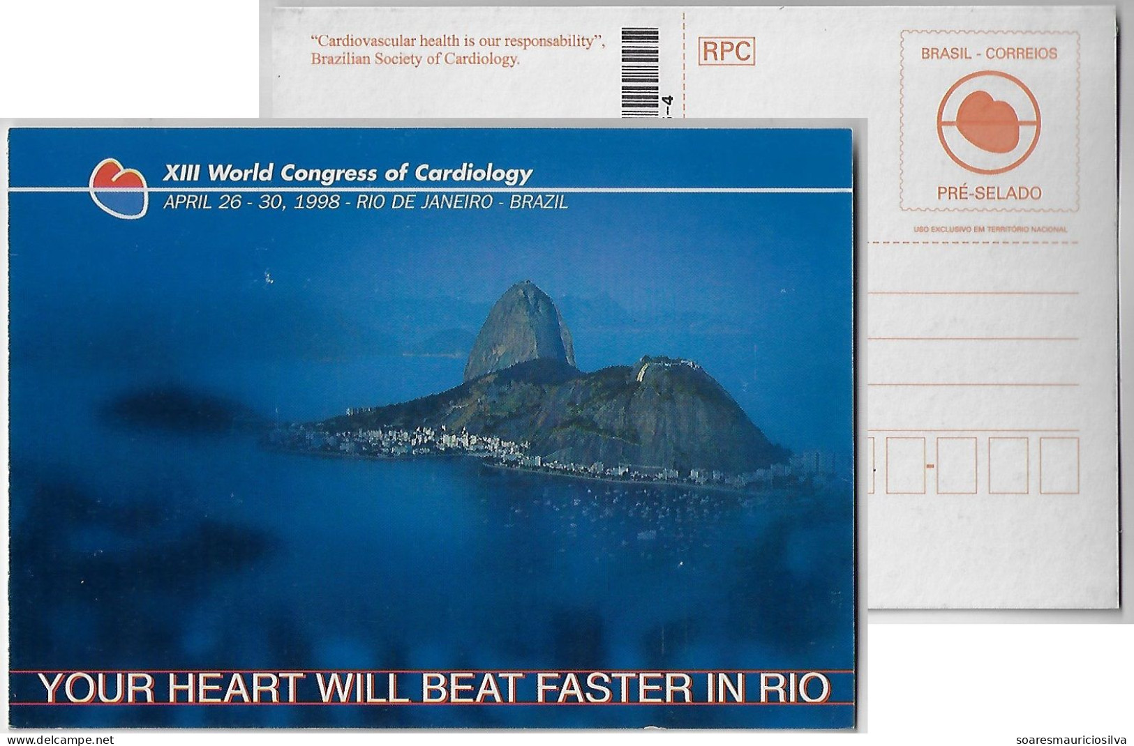 Brazil 1998 Postal Stationery Card 13th World Congress Of Cardiology Rio De Janeiro Sugar Loaf Mountain Unused Cat US$10 - Postal Stationery